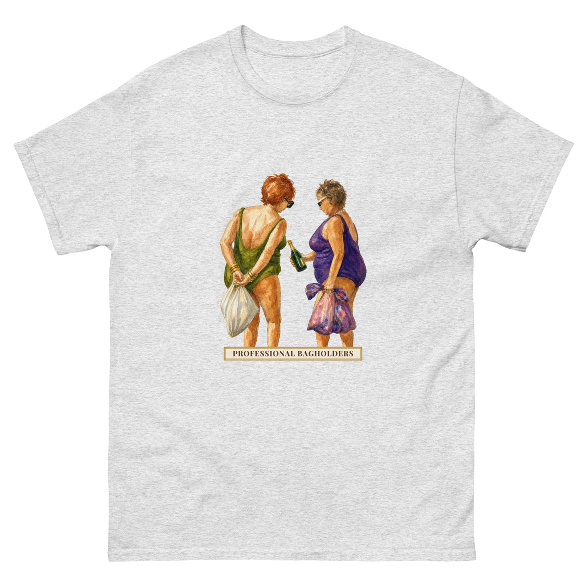 Professional Bagholders t-shirt with a watercolour of two older women in swimsuits holding plastic bags and a champagne bottle above a vintage title sign