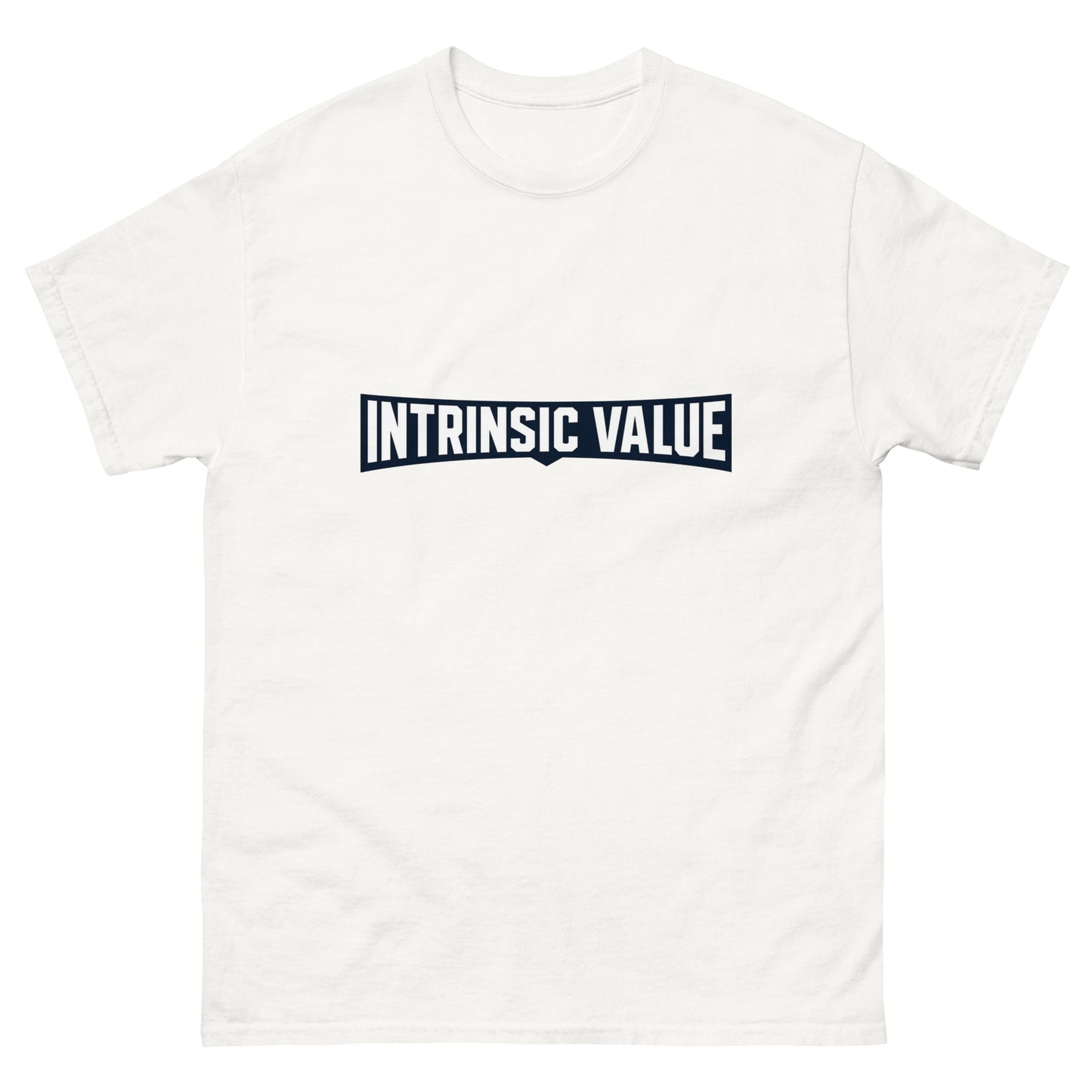 Unisex t-shirt with an arched varsity-style Intrinsic Value wordmark for value investors