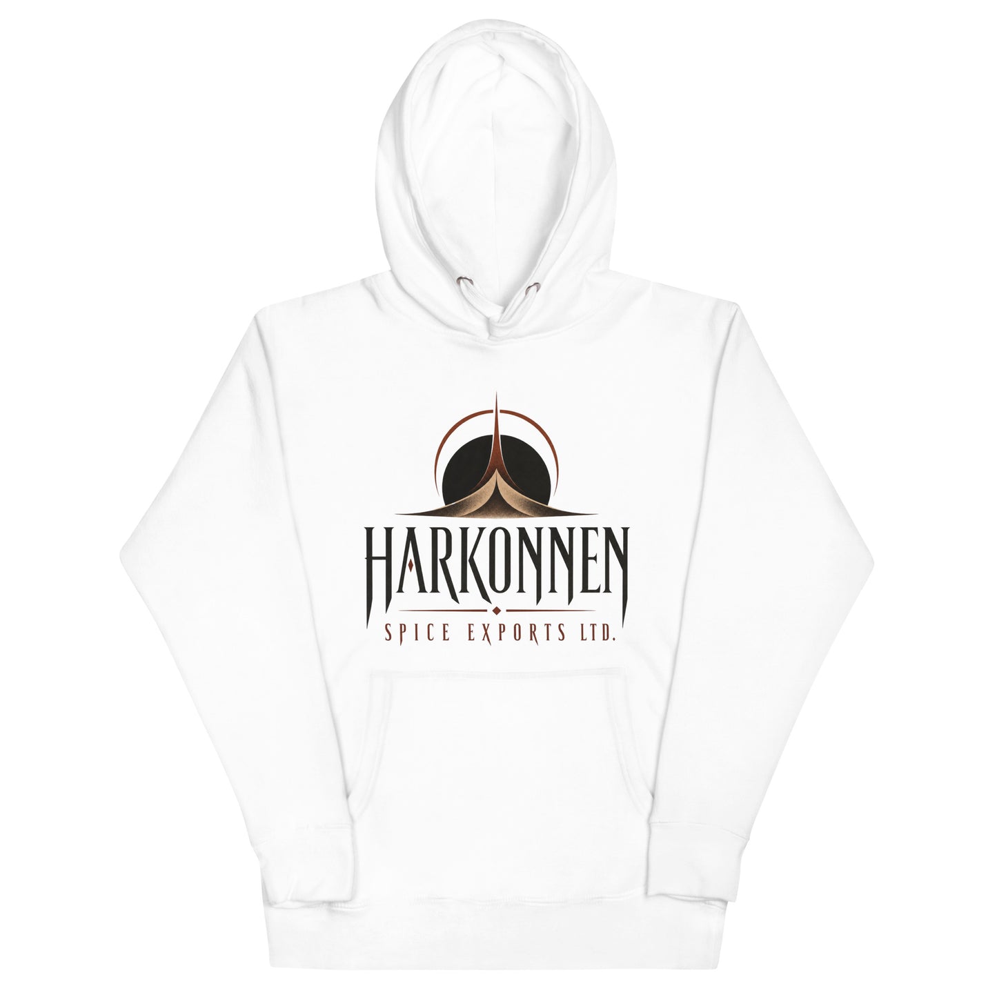 Unisex hoodie with a dark logo of an eclipsed sun above a spired dune formation and sharp serif lettering for a fictional spice export company