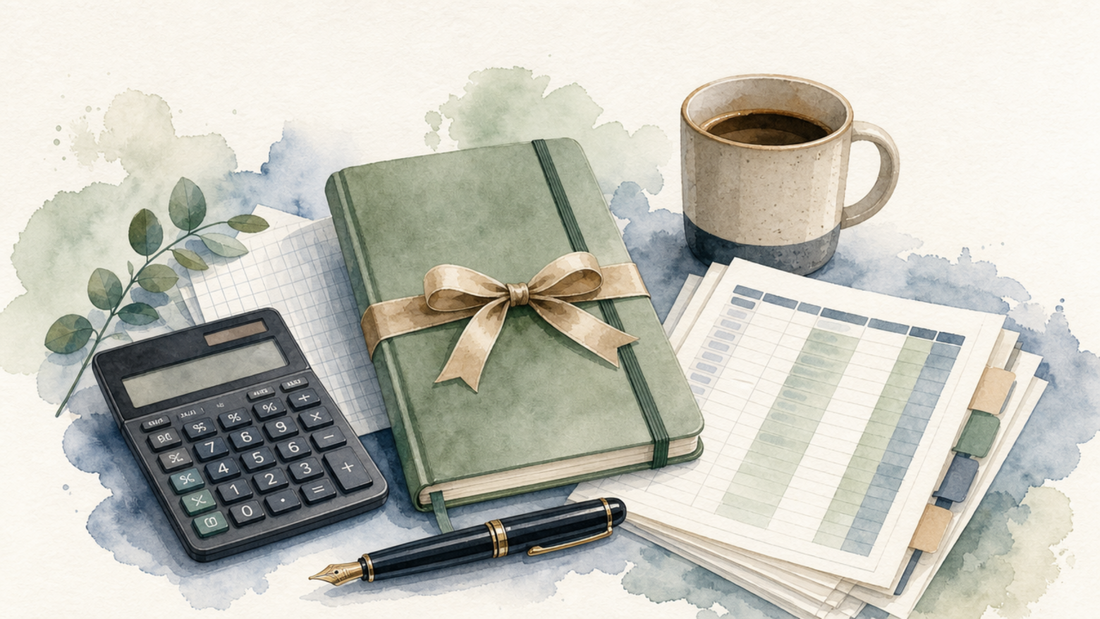 Watercolor illustration of a gift-wrapped notebook, calculator, coffee mug and spreadsheet papers on a desk