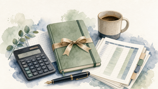 Watercolor illustration of a gift-wrapped notebook, calculator, coffee mug and spreadsheet papers on a desk