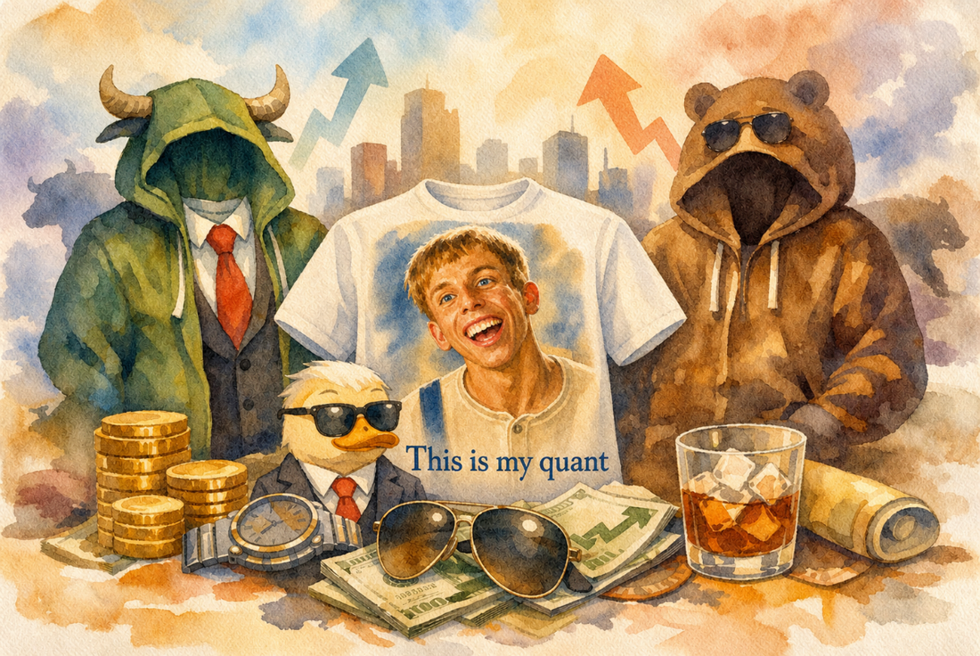 Watercolor illustration of bull, bear and duck mascots in suits beside a "This is my quant" t-shirt mockup, with cash, gold coins and a city skyline in the background
