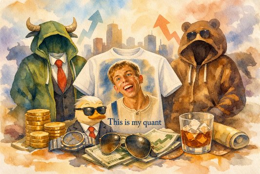 Watercolor illustration of bull, bear and duck mascots in suits beside a "This is my quant" t-shirt mockup, with cash, gold coins and a city skyline in the background