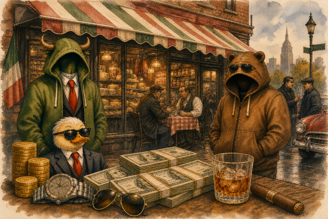 Watercolor illustration of bull, bear and duck mascots in suits outside an Italian deli, with cash, gold coins and a city skyline in the background