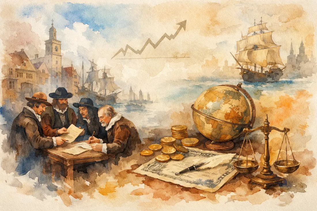 Watercolour illustration of 17th-century Dutch merchants signing a share certificate at a harbour table, with sailing ships, a globe, gold coins, brass scales and a rising market line