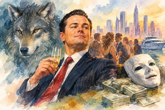 Watercolour illustration of a man in a pinstriped suit raising a champagne glass, with a wolf, a blank theatrical mask, stacks of cash, a yacht and a city skyline