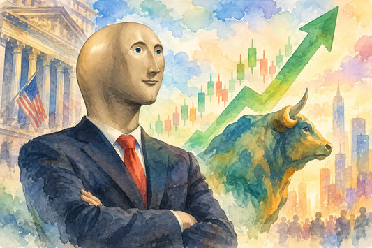 Watercolour illustration of Meme Man in a dark suit and red tie with arms crossed, in front of the New York Stock Exchange, a rising green arrow over candlestick charts, a bull and a city skyline