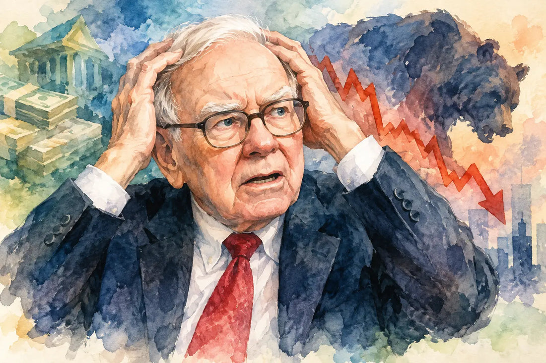 Watercolour illustration of Warren Buffett clutching his head in panic as a red stock chart crashes and a bear looms over the city skyline