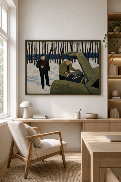 Impasto oil-painting poster of a bear in a pinstripe suit slumped in a car hood in a snowy clearing