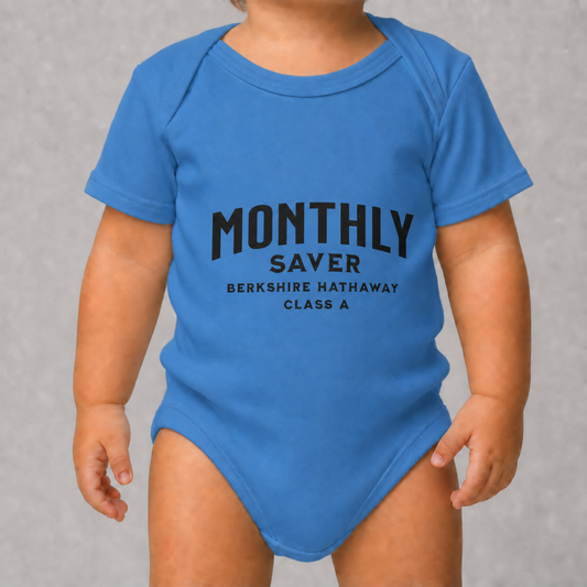 Baby bodysuit with a monthly saver design referencing a high-priced share class