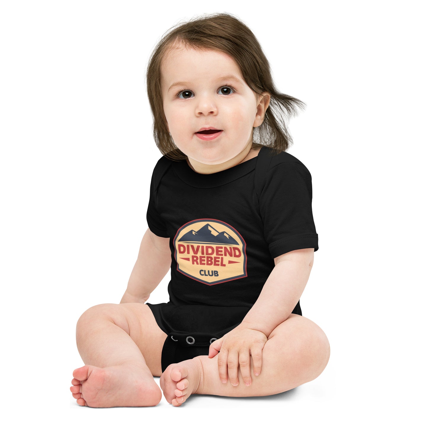Baby bodysuit with a Dividend Rebel Club emblem design