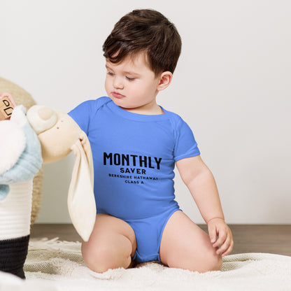 Baby bodysuit with a monthly saver design referencing a high-priced share class