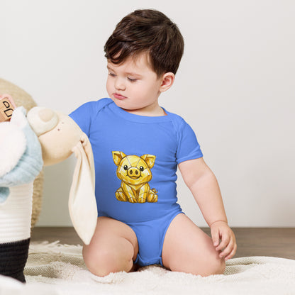 Baby bodysuit with a golden piggy print, worn by a baby