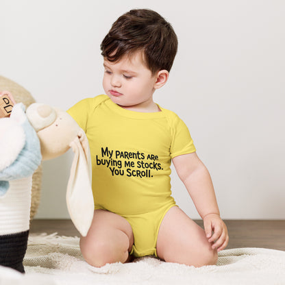 Baby bodysuit with the words My parents are buying me stocks