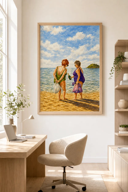 Professional Bagholders watercolour beach poster of two older women in swimsuits holding plastic shopping bags and a champagne bottle, shown framed on a home office wall