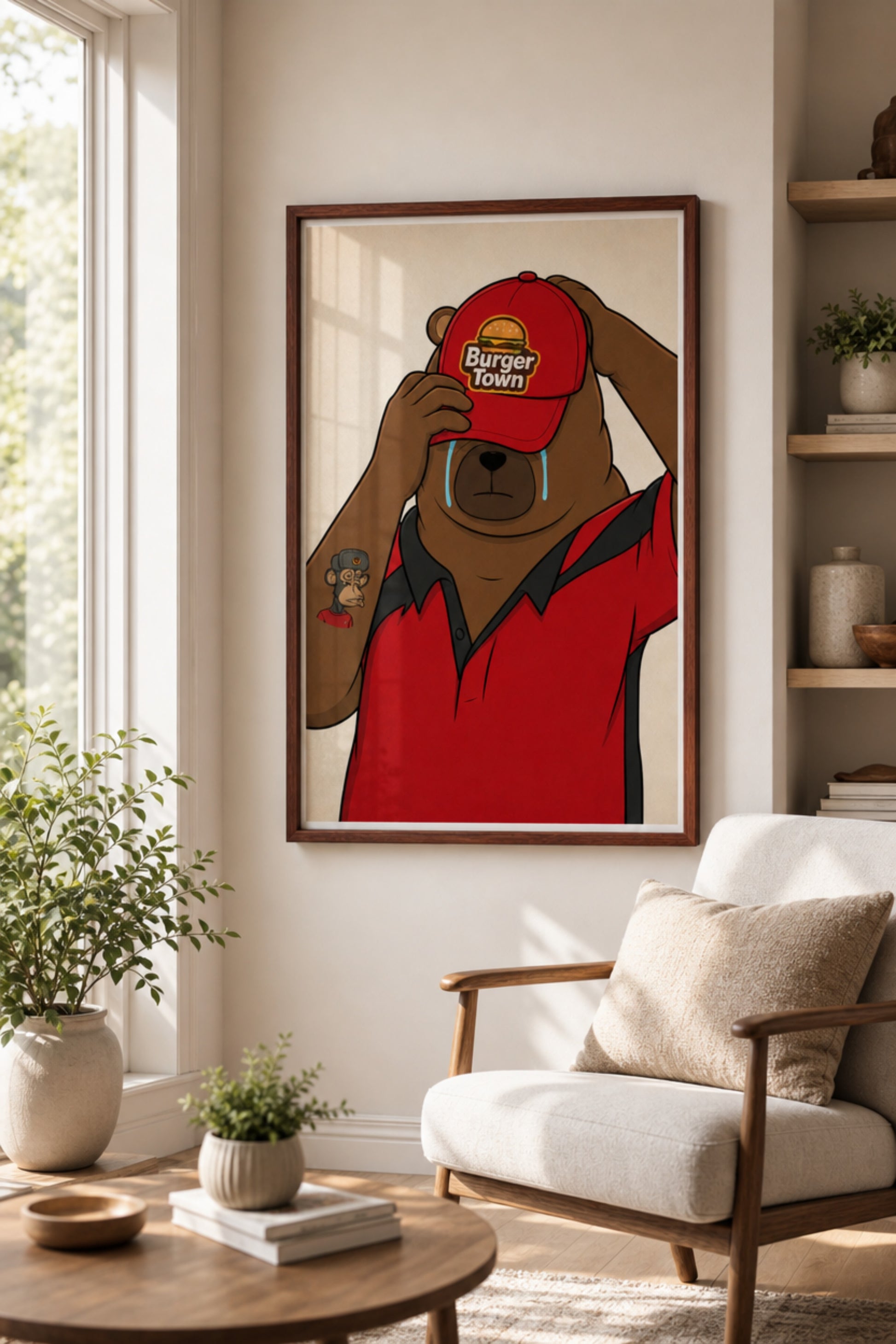 Matte poster of a crying bear in a fast food uniform tipping his cap, with an NFT ape tattoo on his forearm