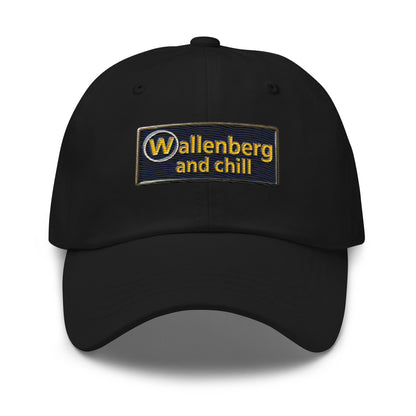 Embroidered navy and gold enamel-pin-style "Wallenberg and Chill" design on a dad hat