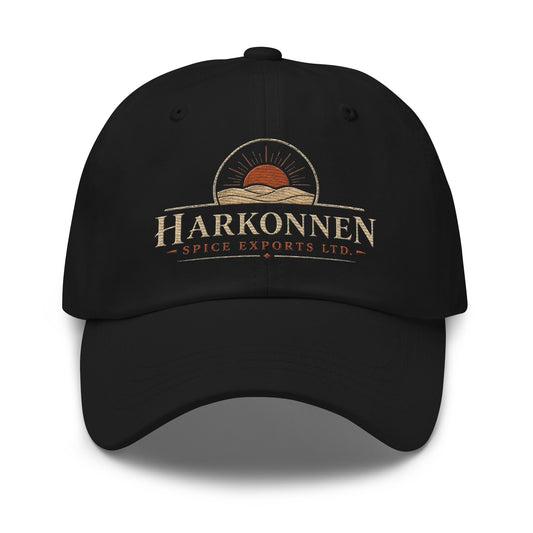 Dad hat with a vintage logo of a sun rising over desert dunes above serif lettering for a fictional spice export company
