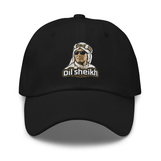 Embroidered dad hat with a sheikh portrait design and Oil Sheikh lettering for oil and energy investors
