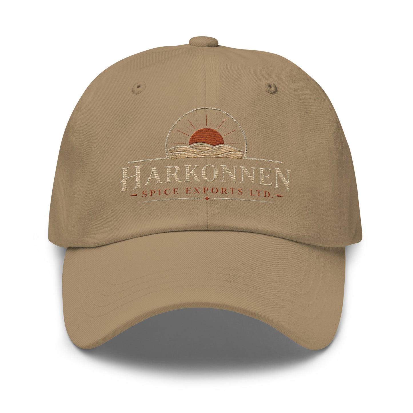 Dad hat with a vintage logo of a sun rising over desert dunes above serif lettering for a fictional spice export company