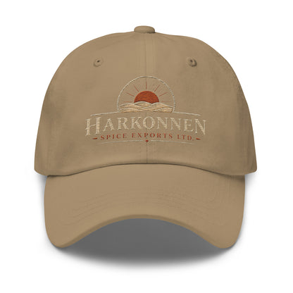 Dad hat with a vintage logo of a sun rising over desert dunes above serif lettering for a fictional spice export company