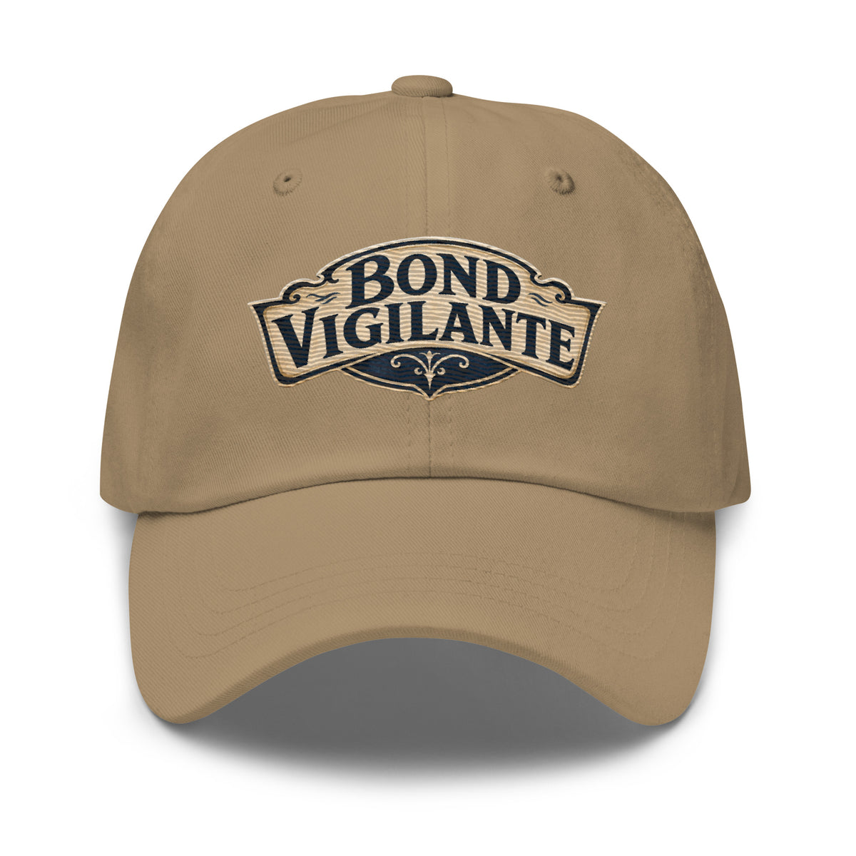 "Bond Vigilante" saloon-sign lettering on a dad hat