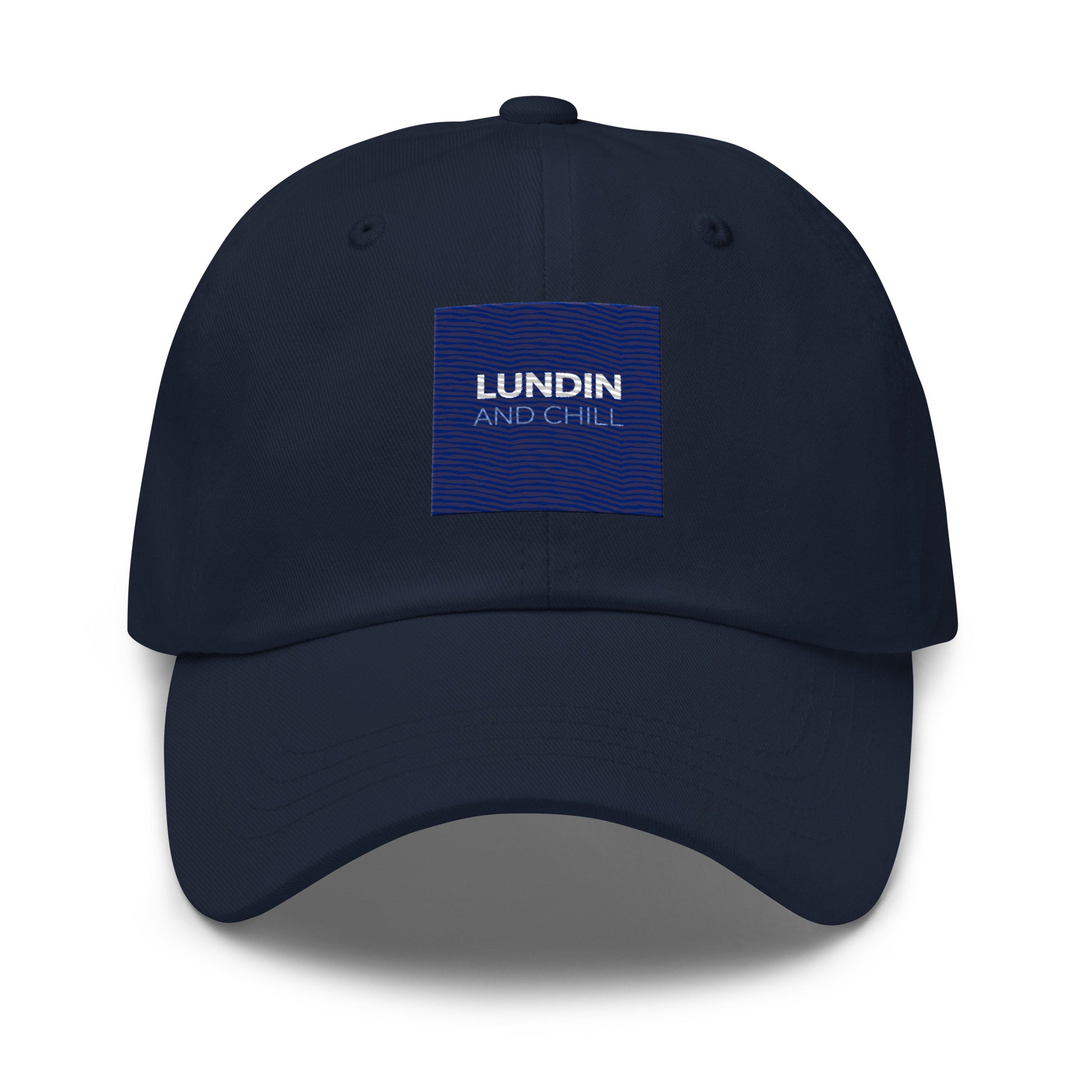 Embroidered "Lundin and Chill" text logo on a dad hat