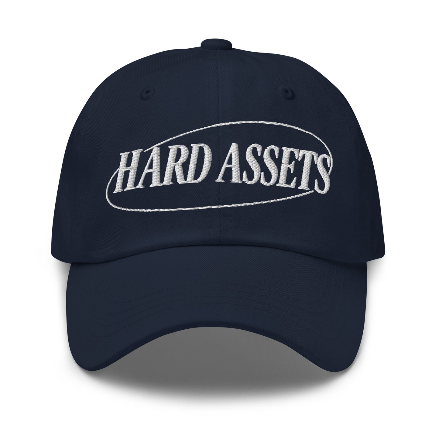 Embroidered adjustable dad hat with Hard Assets commodity investing design