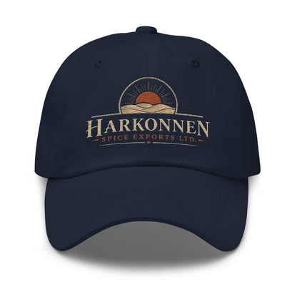 Dad hat with a vintage logo of a sun rising over desert dunes above serif lettering for a fictional spice export company
