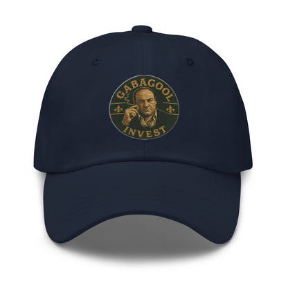 Dad hat with embroidered Gabagool Invest text in a mob-family style