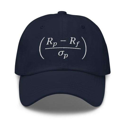 Sharpe ratio formula showing portfolio return minus the risk-free rate divided by standard deviation, printed on a dad hat.