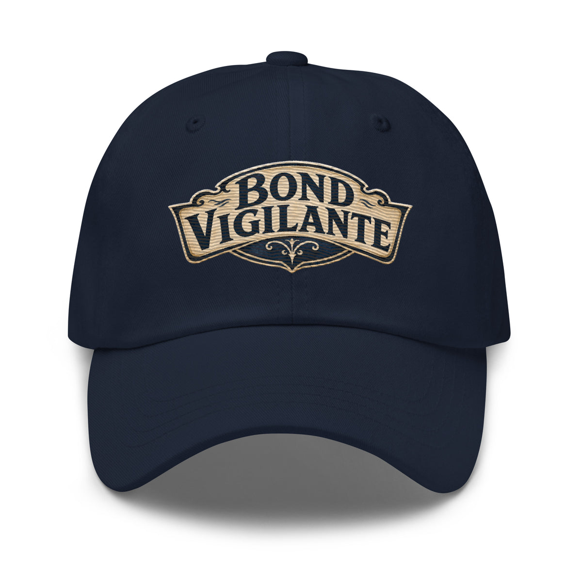 "Bond Vigilante" saloon-sign lettering on a dad hat