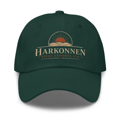 Dad hat with a vintage logo of a sun rising over desert dunes above serif lettering for a fictional spice export company
