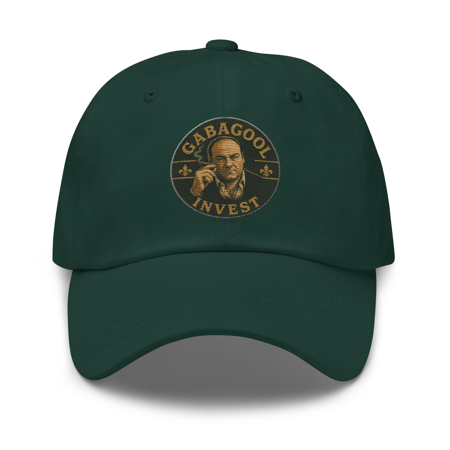Dad hat with embroidered Gabagool Invest text in a mob-family style