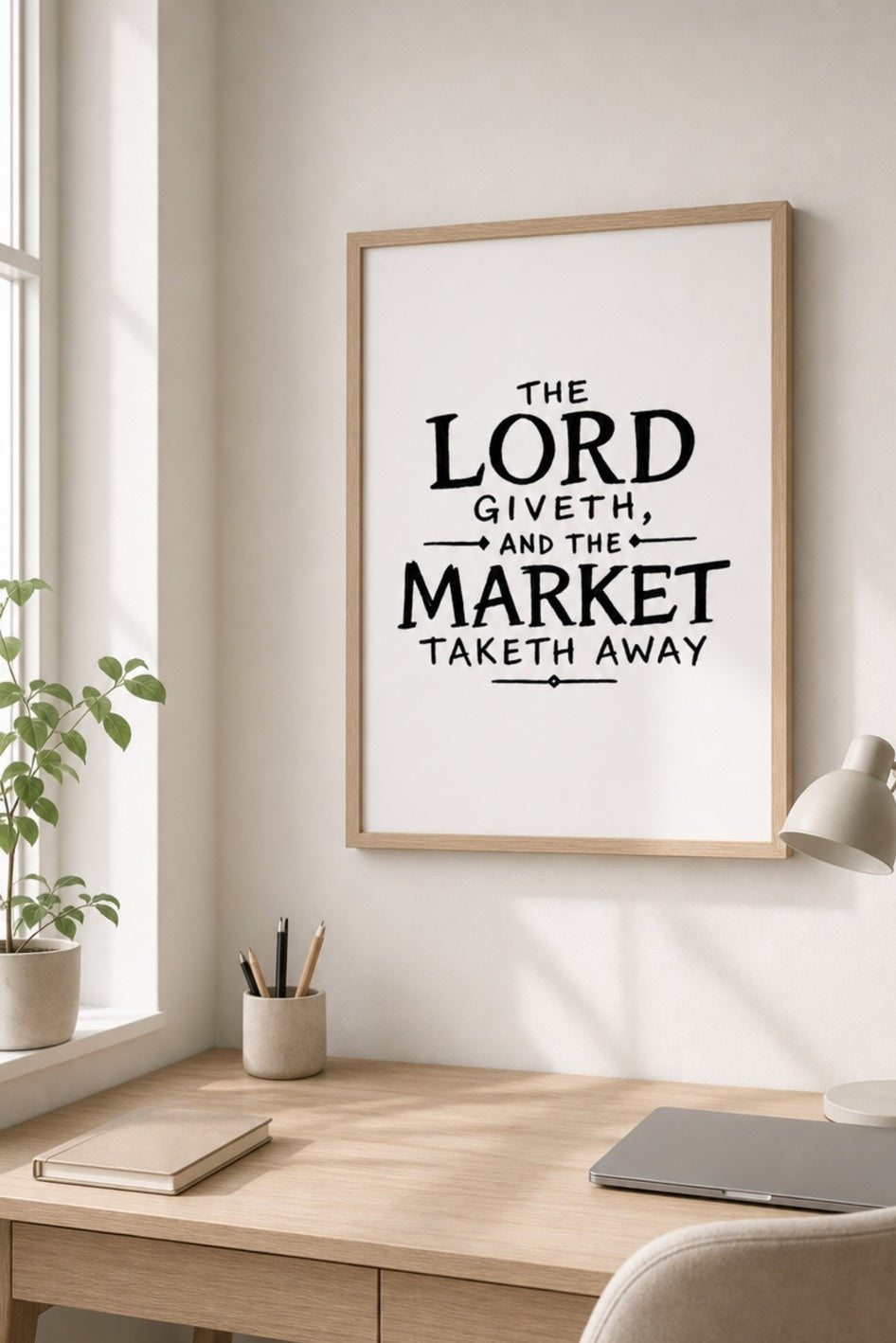 "The market taketh away" stock market humor matte poster