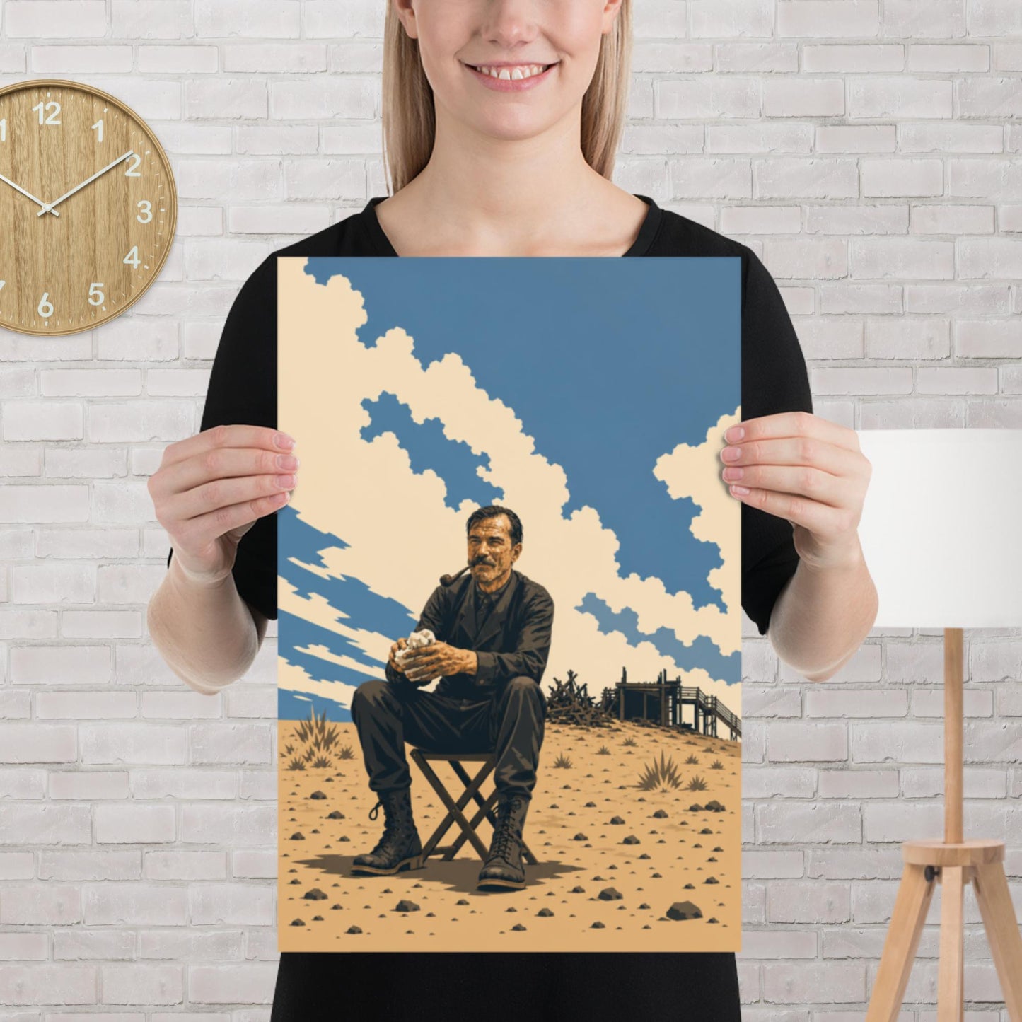 Matte poster with illustration of an oil-splattered man in a suit smoking a pipe, seated on a folding stool in a desert oil field beneath a wide sky