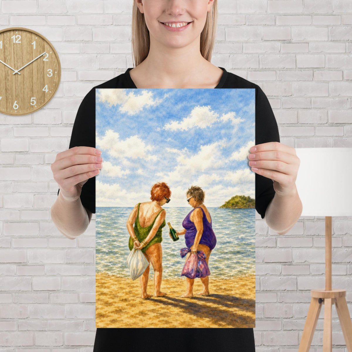 Professional Bagholders watercolour beach poster of two older women in swimsuits holding plastic shopping bags and a champagne bottle