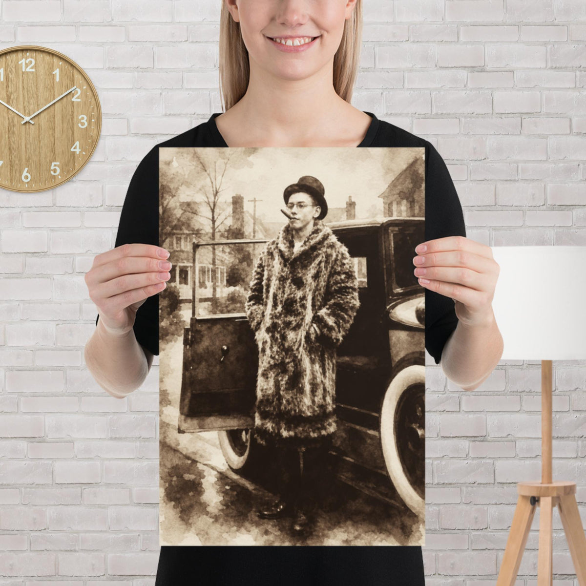 Generational Wealth sepia watercolour poster of a young 1920s man in a fur coat with a cigar beside a vintage car
