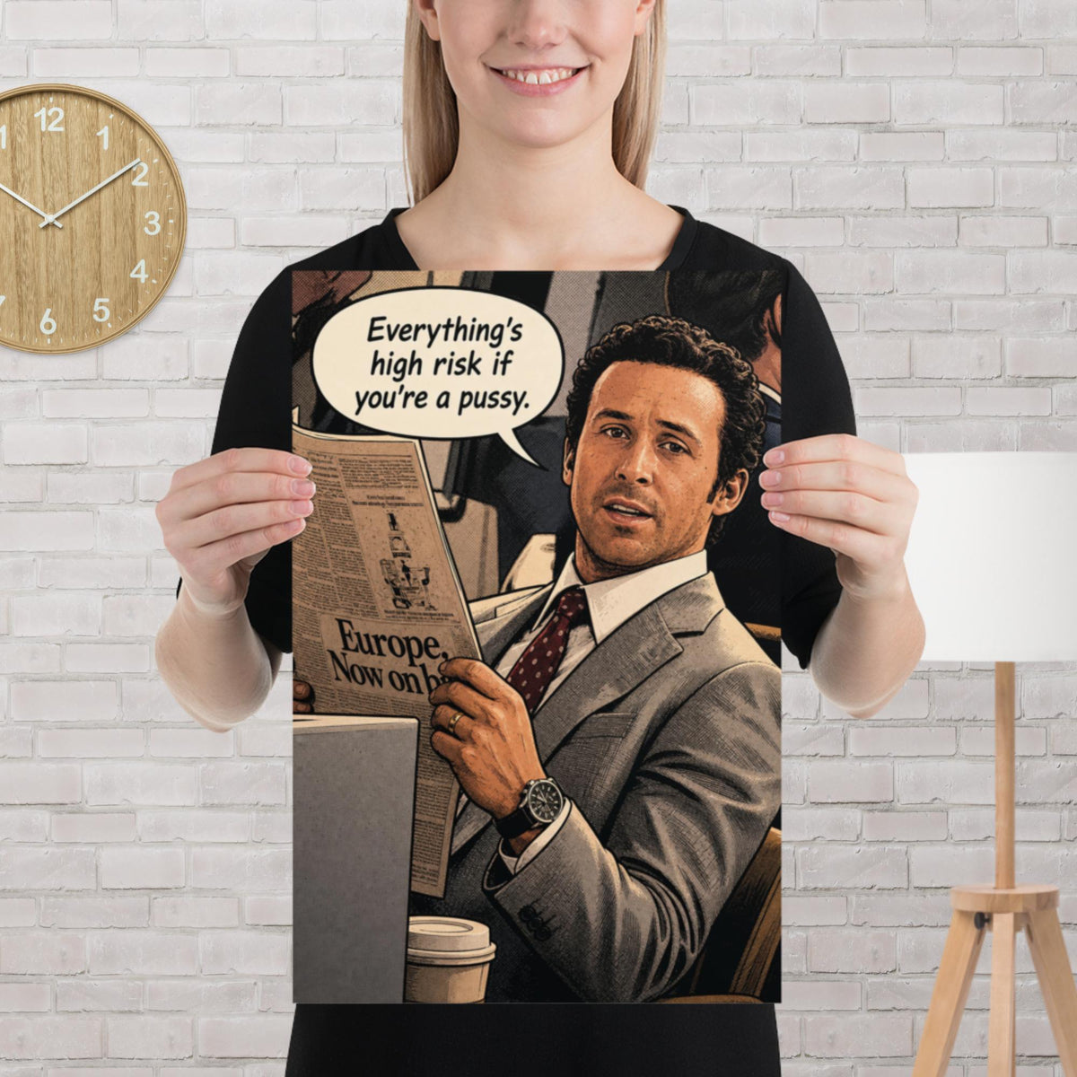Everything's High Risk comic-style poster of a businessman in a suit reading a newspaper with a speech bubble