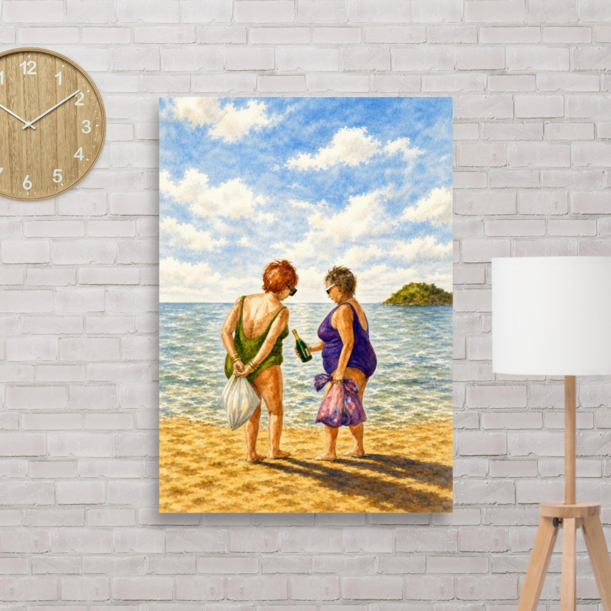 Professional Bagholders watercolour beach poster of two older women in swimsuits holding plastic shopping bags and a champagne bottle