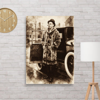 Generational Wealth sepia watercolour poster of a young 1920s man in a fur coat with a cigar beside a vintage car
