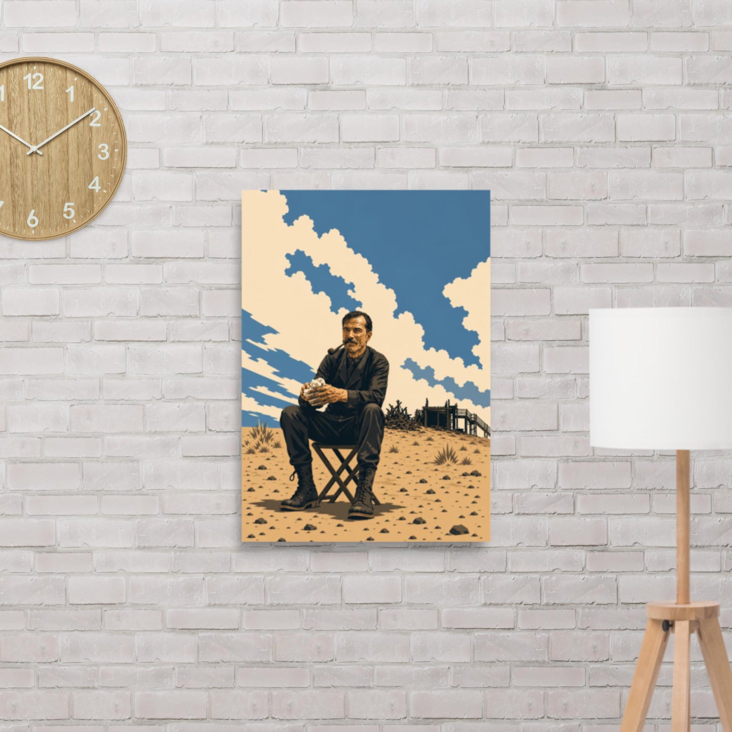Matte poster with illustration of an oil-splattered man in a suit smoking a pipe, seated on a folding stool in a desert oil field beneath a wide sky