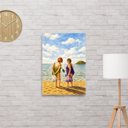 Professional Bagholders watercolour beach poster of two older women in swimsuits holding plastic shopping bags and a champagne bottle