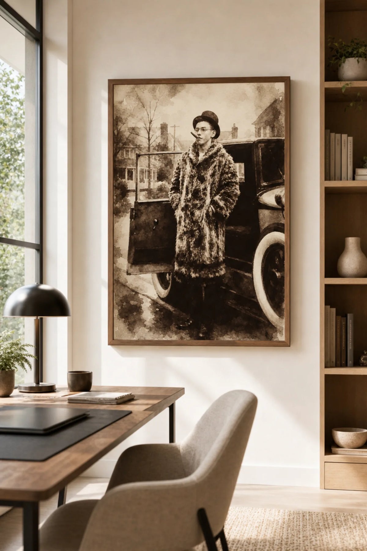 Generational Wealth vintage sepia watercolour poster of a young 1920s man in a fur coat with a cigar beside a classic car, shown framed in a home office