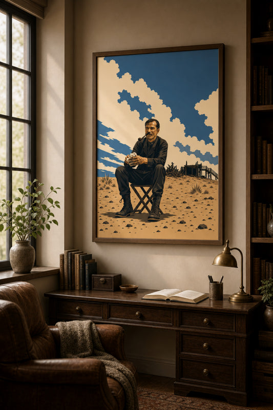 Matte poster with illustration of an oil-splattered man in a suit smoking a pipe, seated on a folding stool in a desert oil field beneath a wide sky