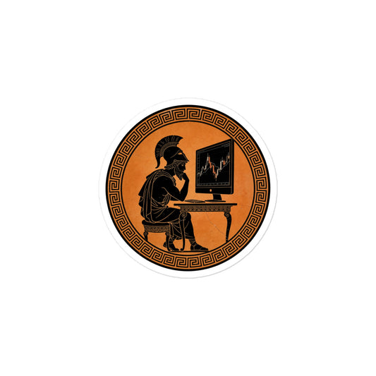Kiss-cut sticker of The Ancient Investor, a helmeted warrior-philosopher studying a candlestick chart in ancient Greek black-figure pottery style