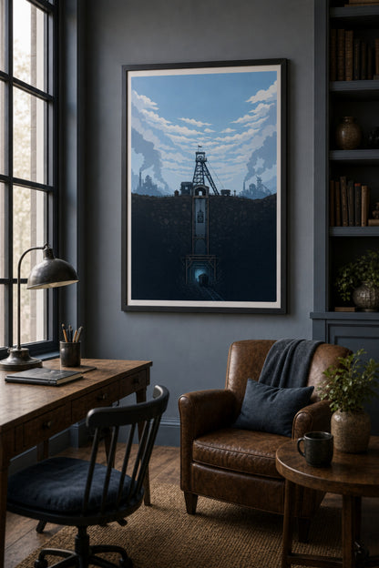 Matte poster with cross-section illustration of a mine headframe above ground and the shaft, cage and ore cart below, with industrial smokestacks on the horizon
