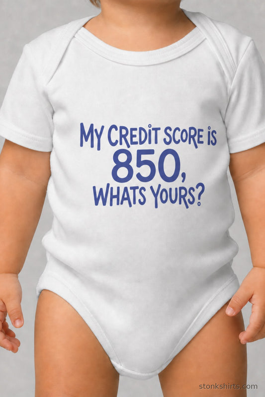 Baby bodysuit with text print about a credit score of 850, worn by a baby