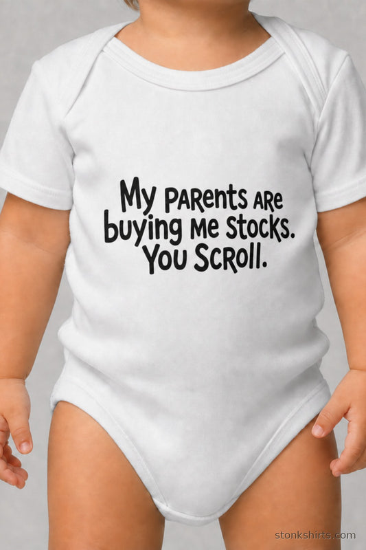 Baby bodysuit with text print about parents buying stocks, worn by a baby