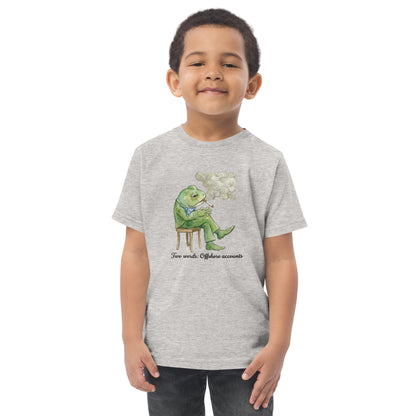 Toddler t-shirt with a cartoon frog design and the words Clever Frog Offshore Accounts